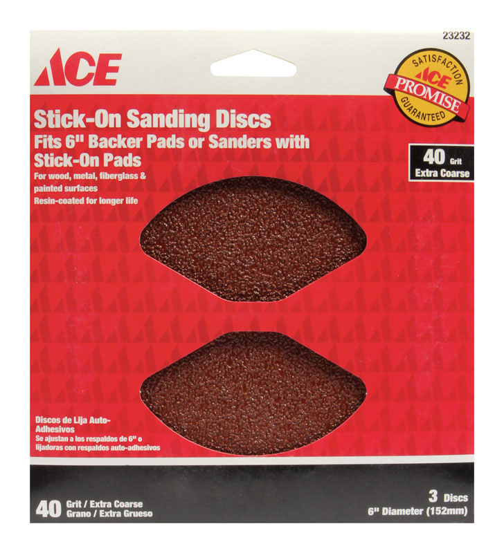 Ace 6 in. Dia. Sanding Disc 40 Grit Extra Coarse Adhesive 3 pk 