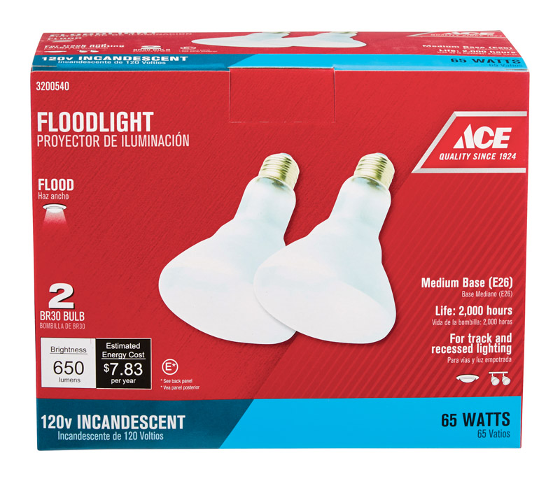 Ace Incandescent Light Bulb 65 watts 650 lumens Floodlight BR30 Medium