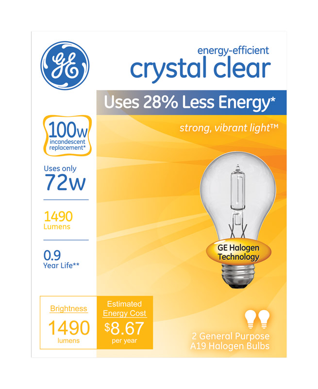 GE Halogen Light Bulb 72 watts 1490 lumens ALine A19 Medium Base (E26